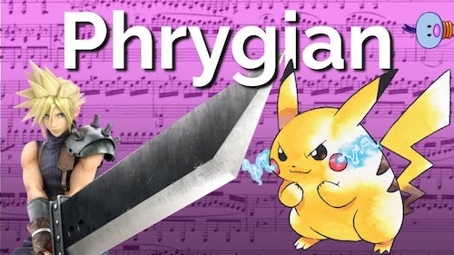 Screen capture of a title page showing the text Phrygian at the top, a background of musical notes, and in the foreground an anime character wielding a sword and an angry Pikachu