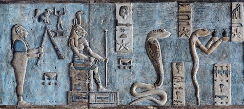 a detail including figures representing decans, 36 stars or star groups that could be used to tell the time during the night. Seen here, a lion-headed god and goddess, a snake with coiled tail, and an erect snake holding two jars 