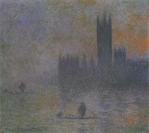 Impressionist painting in dark tones from the point of view of a boat on the Thames
