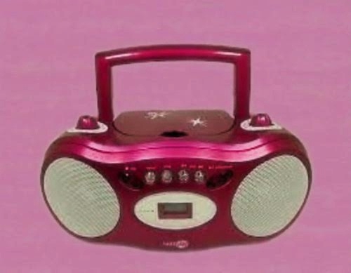 product shot of a hot pink boombox with rounded edges against a bubblegum pink background 