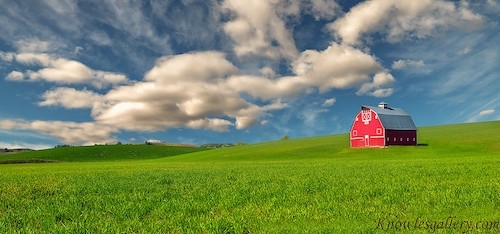 Photo of a large red barn in the distance on a gently sloped bright green field against a bright blue sky with billowing clouds