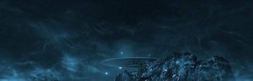 Art from the header at thehugoawards.org: ominous image of dark blue stormy background with a disc-shaped spaceship hovering over a jagged land mass