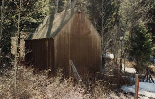 very small, simple, brown one-room wooden structure with peaked roof in the woods