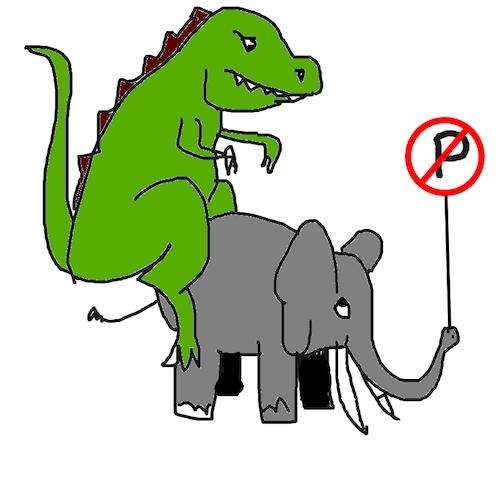 MS Paint drawing of a dinosaur on an elephant holding a no parking sign