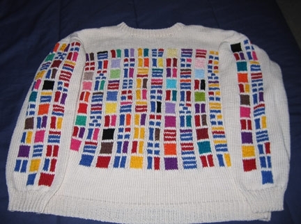 Knitter nerd Sondra Eklund wearing a hand-made sweater with a prime factorization design.