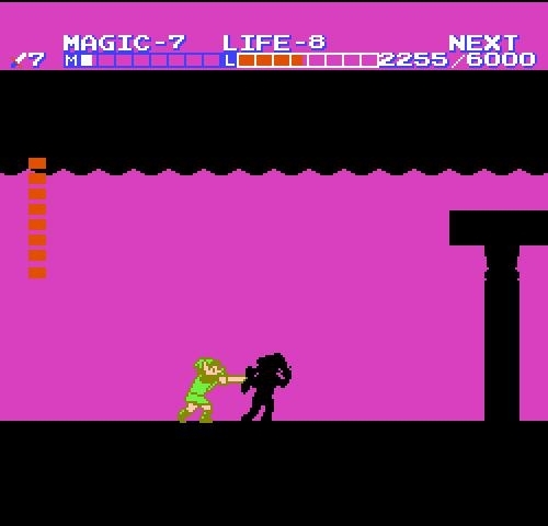 Link battles his shadow doppelganger in Zelda II