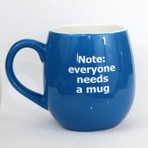 blue mug with white text
