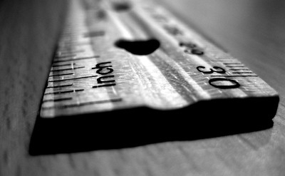 Black and white closeup image of a ruler
