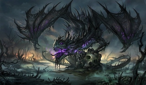 illustration of frightening semi-skeletal black dragon perched on skull in dark and poisonous marsh