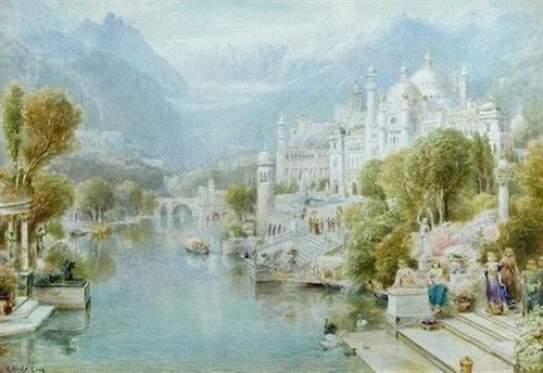 watercolor landscape art of the pleasure dome of Kubla Khan