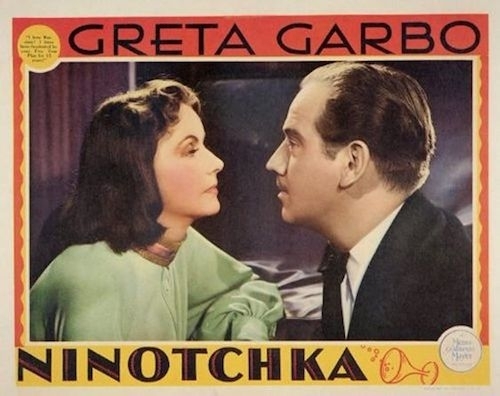 vintage film poster with GRETA GARBO at the top, and NINOTCHKA at the bottom, showing Greta Garbo and Melvyn Douglas in profile looking at each other face to face