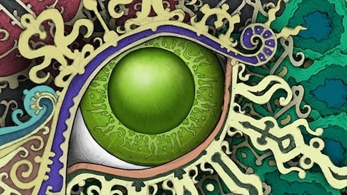 a close-up of a stylized, green eye surrounded by intricate, swirling patterns. The eye itself is vibrant green with detailed textures in the iris, resembling organic or fractal-like designs. Surrounding the eye are ornate, abstract shapes in shades of cream, teal, purple, and blue, adding a surreal and fantastical quality to the overall image. The background includes a mix of swirling patterns and color gradients that contribute to the otherworldly, psychedelic feel of the artwork.