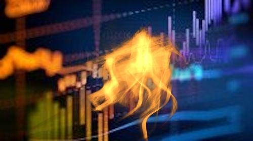 colorful stock exchange board with dancing flame in front of it