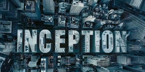 monochrome gray Inception promo banner image of office buildings from above spelling out the word INCEPTION