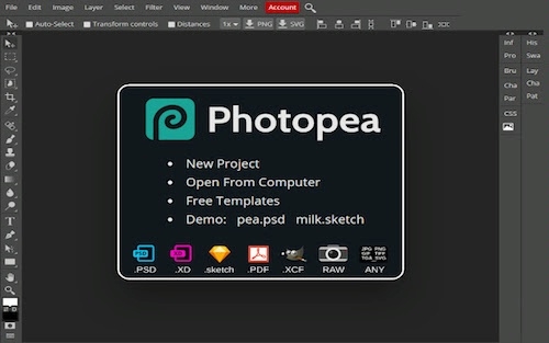 image showing the opening web page for Photopea looking very much like a Photoshop window