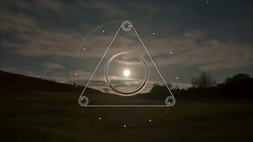 screenshot from The Deep Ark video showing a circle within a triangle superimposed over a night sky and full moon