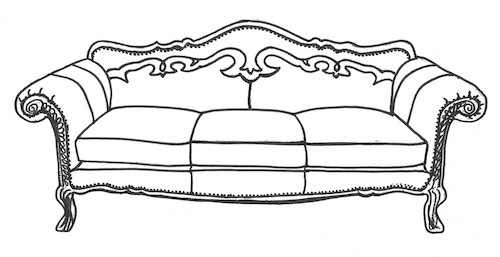 Black and white simple drawing of a Victorian-style sofa with overstuffed cushions