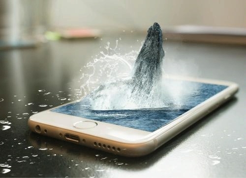 A creative and surreal image of a smartphone on a table, with a 3D effect showing a humpback whale breaching out of the phone screen as if emerging from the ocean. Water splashes surround the whale, blending the phone's screen with the realistic ocean scene.