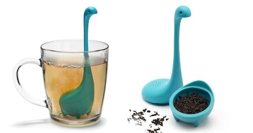 photo of a baby Loch Ness monster tea infuser in a cup and another showing the loose tea in the bottom part of the body