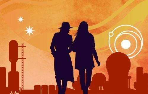 in shades of yellow, orange, and rust, two figures in silhouette seen from the back, one in trenchcoat, hat, and boots, and one in trousers and short coat, walking towards a futuristic silhouetted cityscape with an alien sky above