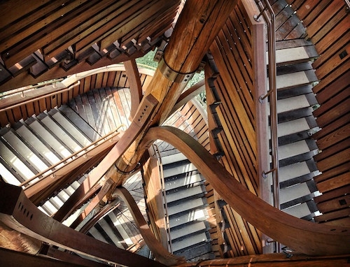 Photo of steep, Escher-like spiralling wooden staircases