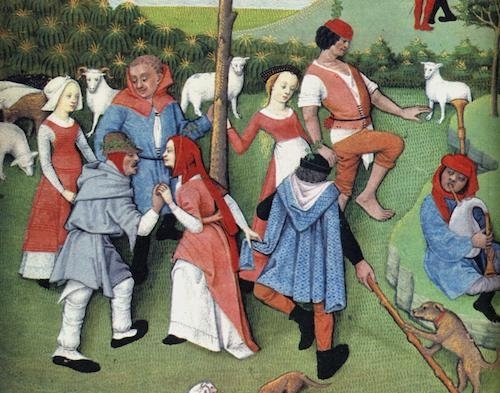Dancing Peasants, late 1400’s, via postej-stew.dk: medieval painting of a group of men and women outside, dancing, dressed mainly in red, blue, and white simple outfits, probably for a feast / celebration
