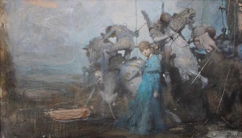 A young girl in long blue dress stands sideways with grinning face directed toward the viewer while a bizarre battle of gray men on horseback wielding swords rages just behind her