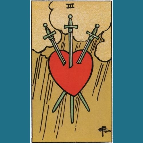 Image of the three of swords from the original Ryder Waite tarot deck: three swords piercing a red heart with stylized clouds above and rain slanting down behind