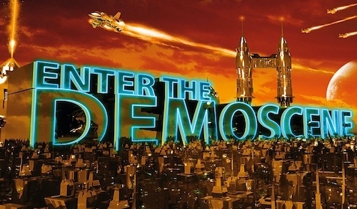 illustration showing huge neon text ENTER THE DEMOSCENE atop a futuristic city