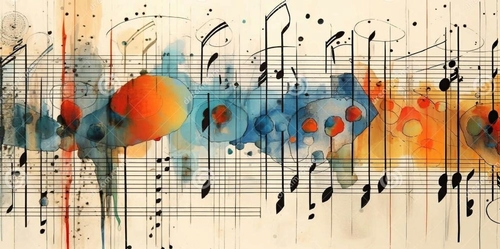 Resembles musical score with various colored notes representing harmonious balance, concept of Visual representation of harmony and Color-coded synchronicity, created with Generative AI technology