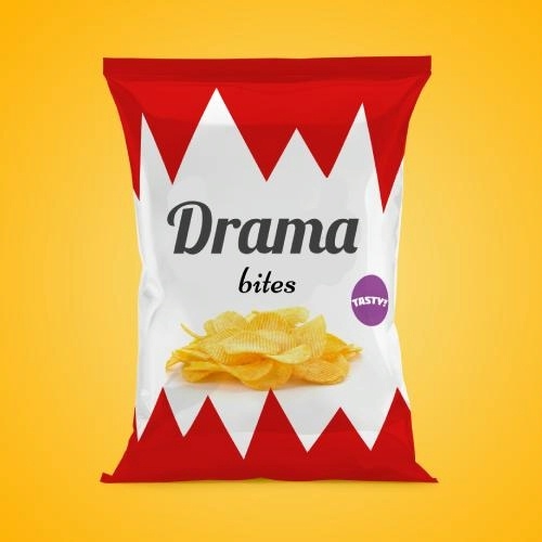 image of a bag of chips with Drama Bites and TASTY written on the front