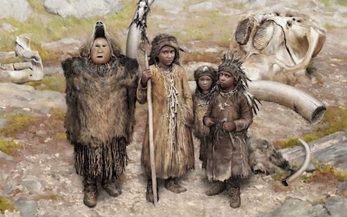 A depiction of 4 Ice Age children dressed in skins and furs. One of the taller ones wears a mask and what looks like a bearskin and headpiece, while the other older child carries a wooden spear. In the background, the huge, bleached skull bone and tusk of a giant animal.