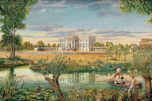 Painting of a grand neoclassical mansion surrounded by lush greenery and trees, with a calm river in the foreground. People are rowing a small wooden boat on the river, while herons and ducks stand by the water's edge.