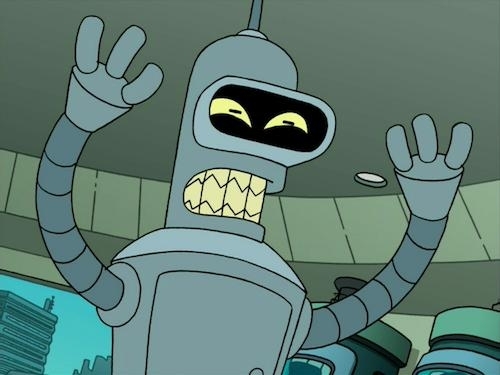 Futurama screen shot of angry robot Bender waving arms
