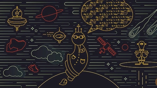 stylized illustration of a whimsical outer space scene with line art elements. It features a Max Planck figure with a crown, glasses, and a P on its chest, speaking mathematical formulas in a speech bubble. Surrounding him are various space-themed elements: UFOs, planets, an orbiting satellite, asteroids, clouds, stars, and a robotic figure on a platform. The lines and shapes are minimalist, using red, yellow, and white outlines against a dark background