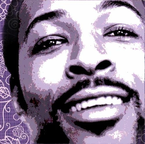purple posterized image of Marvin Gaye face photo from the cover of Marvin Gaye Gold album, with simple purple and white illustrated grapevine pattern in background