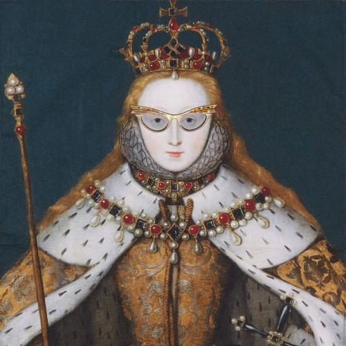 Collage of coronation portrait of Queen Elizabeth I, ca 1600, in full regalia, wearing gold cat-eye eyeglasses with small embedded jewels and light grey tint