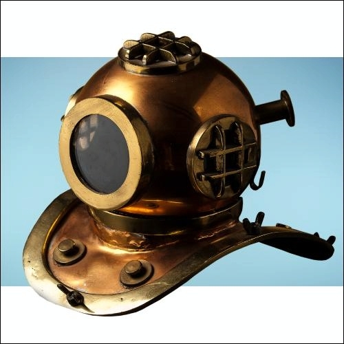 old fashioned brass, copper colored diving helmet against a light blue background