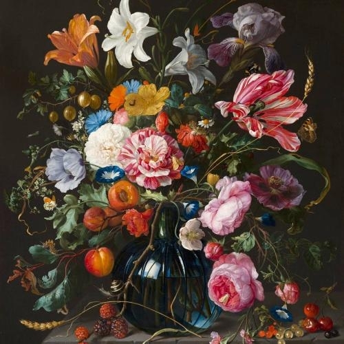 against a dark background, a beautiful, rather wild and sinuous bouquet of many different types and colors of flowers in a vase, including lilies, carnations, roses, irises, and peonies