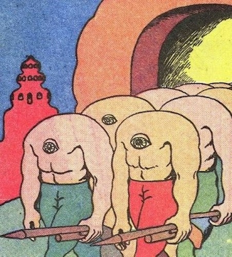 An illustration of a group of humanoid creatures with single eyes in the center of their torsos, muscular upper bodies, and bald heads. They are marching in unison, each holding a spear, with a glowing cave or tunnel entrance behind them and a distant tower-like structure visible in the background. The image has a colorful and surreal, vintage comic book art style.