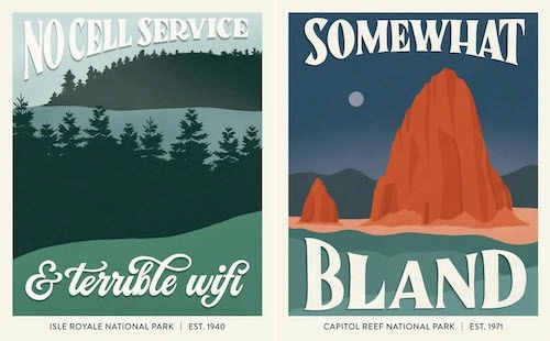 colorful classic style travel posters with slogans from bad reviews