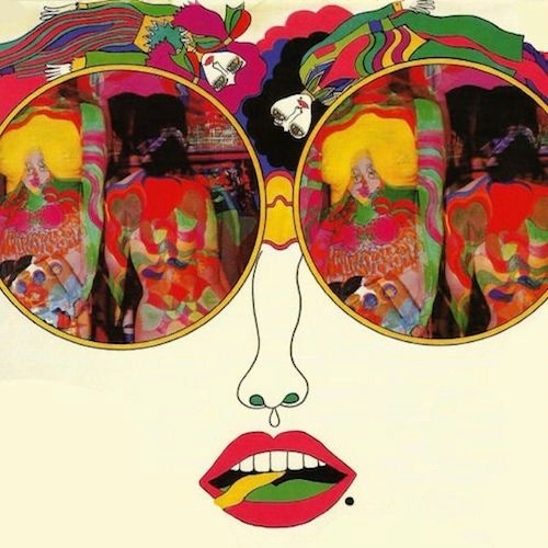 colorful psychedelic style collage art of a woman's face with large round sunglasses