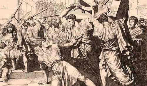 illustration depicting the assassination of Tiberius Gracchus in ancient Rome. The scene shows a chaotic and violent moment as Roman senators, dressed in traditional togas, attack Gracchus with blunt objects and weapons. Tiberius is portrayed falling to the ground, reaching out, while others crowd around him in an aggressive stance. The background includes architectural elements, such as columns, indicative of a Roman public space, emphasizing the historical and political context of the event