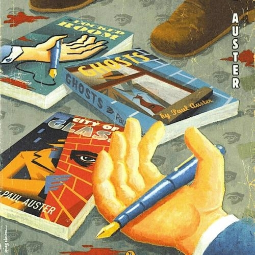 color illustration in vintage style showing a hand in foreground, palm open, holding a fountain pen, and further back, three books - City of Glass, Ghosts, and The Locked Room, each with illustrated covers repeating visual motifs from the overall image of fountain pen, blood splashes, menacing eye, and lurking stranger