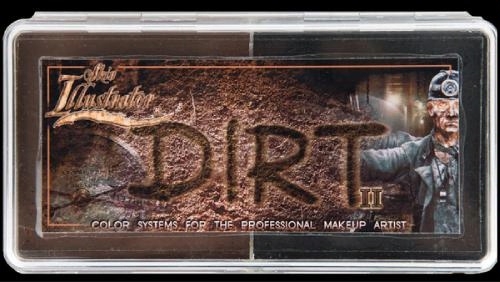 advertising image showing dirt-like palette and illustrated grimy miner with text: The Illustrator, DIRT II, COLOR SYSTEMS FOR THE PROFESSIONAL MAKEUP ARTIST