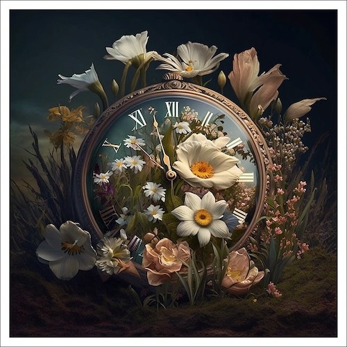 Beautiful and somber image of a clock with latin numerals and a black face surrounded and partially obscured by yellow and white flowers against a black background