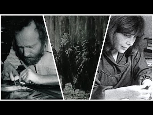 Black and white montage of three images with a younger Yuri on the left and younger Francheska on the right, and a snippet from the film in the middle