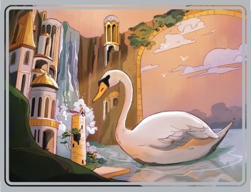 illustration featuring a giant swan regarding a small king at the top of a castle tower