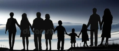 image of a silhouette of a group of people, including adults of different ages, and children, standing together and holding hands. The background features a gradient sky transitioning from light near the horizon to a darker tone at the top, suggesting either dawn or dusk. A faint outline of a fence or railing is visible along the bottom right.