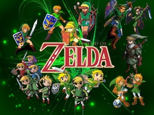 On a green background an illustration over over a dozen Link characters dynamically centered around large LEGENDS OF ZELDA text